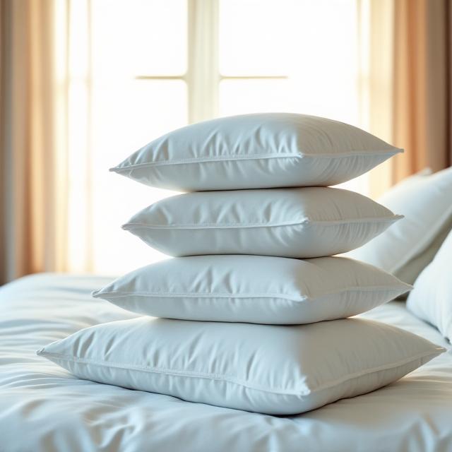 Soft pillow arrangement in a sunlit bedroom